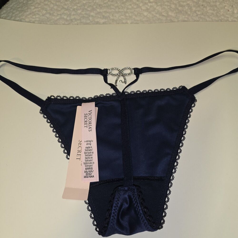Victoria's Secret XS Navy Satin Lace Trim V-String Thong Panty Rhinestone - Picture 3 of 5